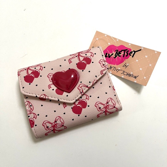 NWT BETSEY JOHNSON Trifold Wallet Pink Cherries Bows Heart Print Faux Leather - Picture 3 of 6